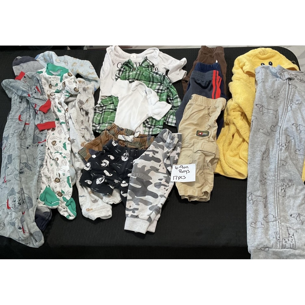 Mixed Brands 17pc Clothes Lot Boys 6-9M Multicolor Animals Sleepers Pants Robe